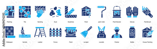 Painting Decorating Icon Set Collection Pack Banner Web Vector Illustration  Concept. Containing Painting, Tile, Sanding, Dust, Swatches, Paint, paint roller icon