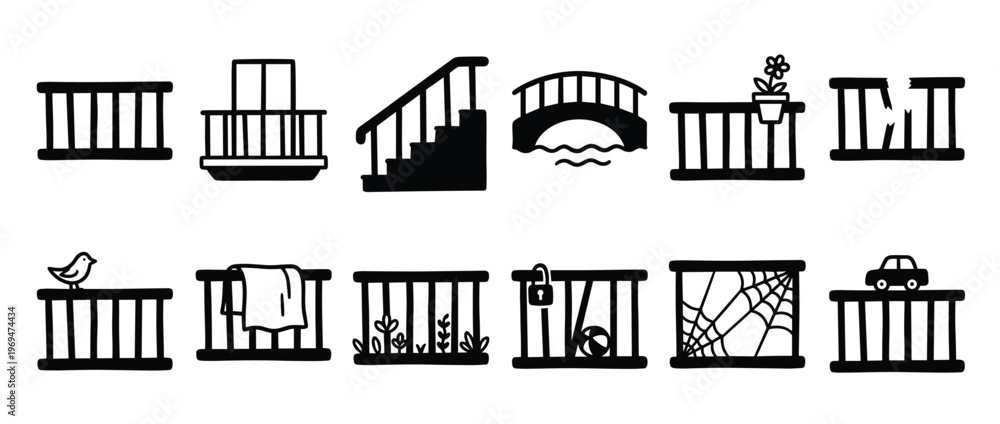 Obraz premium Collection of black and white hand-drawn railing icons depicting various scenarios and objects in a simple, graphic style