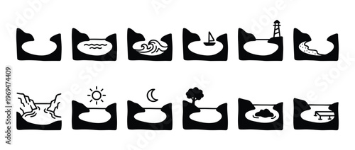 Collection of black and white minimalist icons depicting various water bodies and natural landscapes in a clean, graphic style