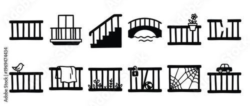 Collection of black and white hand-drawn railing icons depicting various scenarios and objects in a simple, graphic style