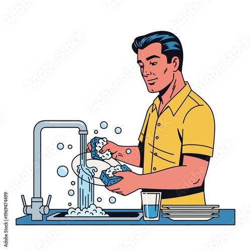 Man washing dishes in sink with running water and soap bubbles, retro style illustration