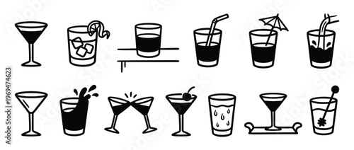 Collection of various stylized black and white cocktail and drink icons, featuring different glass types and garnishes