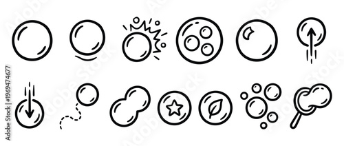 Collection of black outline bubble icons with various states and actions, presented in a clean, modern style