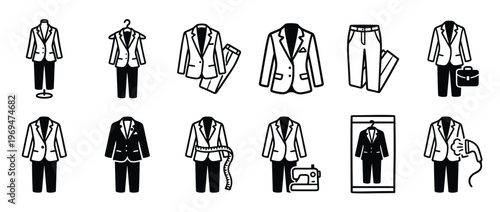 Collection of black and white line art icons depicting various aspects of men's suits and tailoring