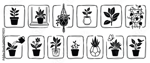 Various black silhouette potted plants and gardening elements are depicted in a charming hand-drawn doodle style on a clean white surface