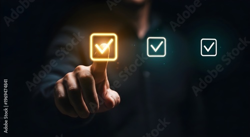 Close-up of a person's hand touching a glowing checkmark icon on a dark background with two other checkmarks.