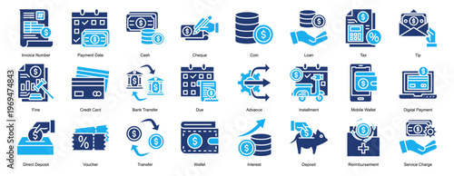 bill and payment method Icon Set Collection Pack Banner Web Vector Illustration  Concept. Containing Invoice Number, Payment Date, Cash, Cheque, Coin, Loan, Tax icon