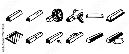 Collection of hand-drawn black and white icons depicting various parking curb blocks and related scenarios, rendered in a clean, graphic style