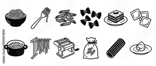 Collection of various pasta types and cooking tools in a clean, graphic black and white illustration style