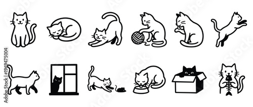 Collection of cute black and white line art cat illustrations showing various playful and common feline activities