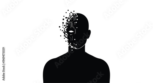 Abstract silhouette of a human head fragmenting into digital particles, representing loss of identity or data.