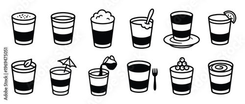 Collection of twelve simple black and white icons depicting various desserts and drinks in glasses, showcasing different toppings and preparations