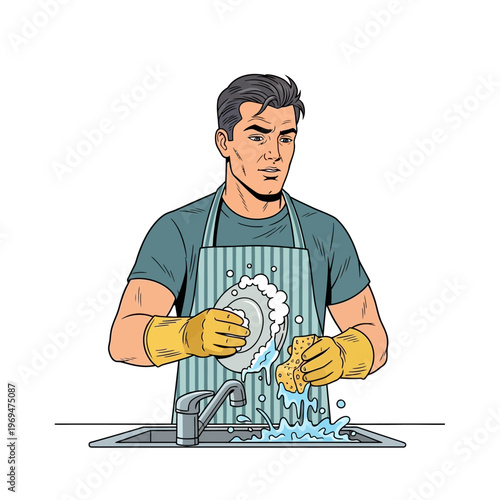 Man washing dishes in sink with sponge and gloves, pop art style