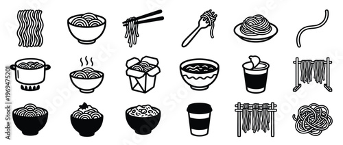 Collection of various black and white noodle and pasta icons in different forms and preparations