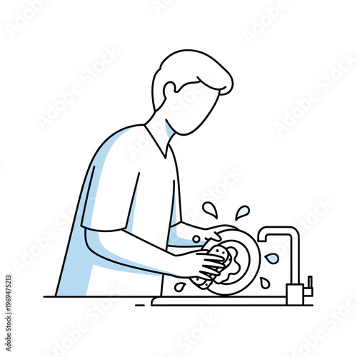 Man washing dishes in sink, domestic chores, daily routine, clean home