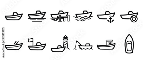 Collection of simple black outline boat icons depicting various maritime activities and vessels in a clean, graphic style