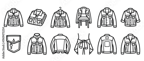 Collection of various denim jacket outline icons, showing different styles and ways to wear them, presented in a clean, minimalist line art style