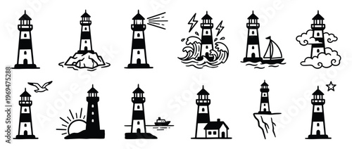 Collection of black and white lighthouse illustrations in various nautical scenes and weather conditions, depicted in a simple, graphic style