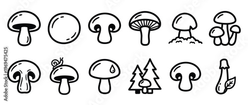 Collection of various simple black outline mushroom icons displayed in a clean, graphic style with clear details