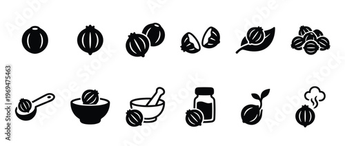 Collection of black and white icons illustrating various forms of cardamom, including whole pods, seeds, and related tools