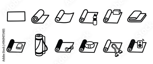 Collection of black and white line art icons depicting various yoga mats and fitness accessories