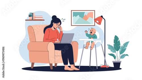 Stressed mother trying to work on her laptop while her small baby is crying loudly in the high chair in their home office space.