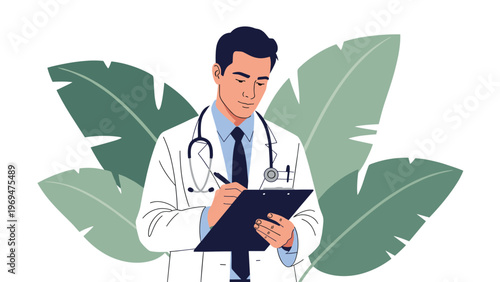 Competent male physician wearing a white coat and stethoscope while writing important notes on a medical clipboard in his office.
