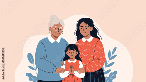 Three generations of beautiful women standing together and showing their strong family love and heritage bonds with pride.