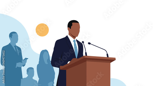 Confident male politician or businessman giving a formal speech at a wooden podium with two microphones during a public event.