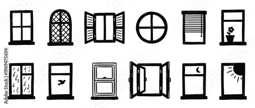 Collection of various hand-drawn black and white window illustrations, showcasing different styles and weather conditions in a simple, graphic art style