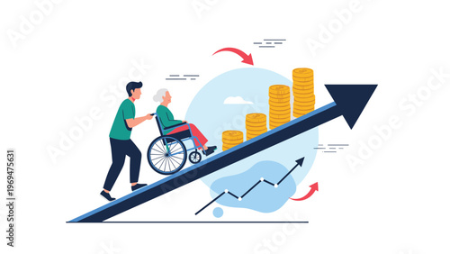 Caregiver pushing an elderly woman in a wheelchair up a rising financial graph made of large gold coin stacks to show cost of care.