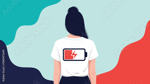 Rear view of a young woman wearing a white shirt with a low battery icon printed on it to show signs of total mental burnout.