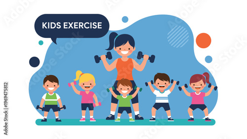 Fitness instructor leading a group of happy children in an exercise session using small colorful weights in a bright room.