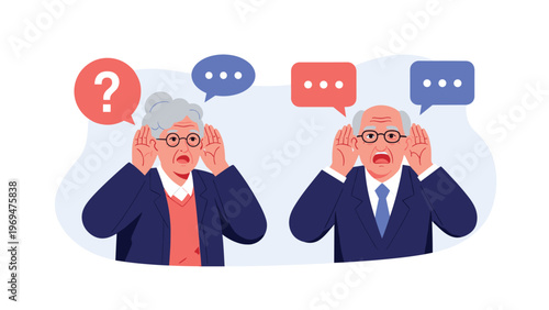 Elderly man and woman struggling to hear a conversation and cupping their ears to listen more carefully with speech bubbles.