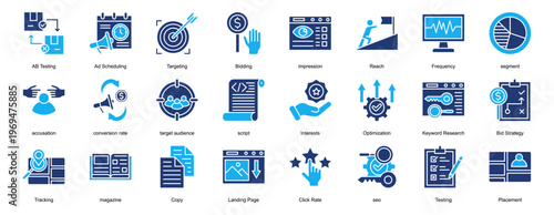 CAMPAIGN OPTIMIZATION Icon Set Collection Pack Banner Web Vector Illustration  Concept. containing target audience, script, Interests, Optimization, Keyword Research, Bid Strategy, Tracking