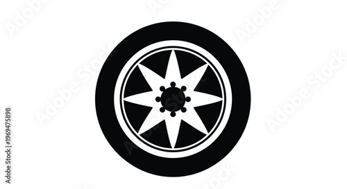 A sleek black and white vector illustration of a car wheel featuring a modern eight-spoke rim design, ideal for automotive graphic projects.