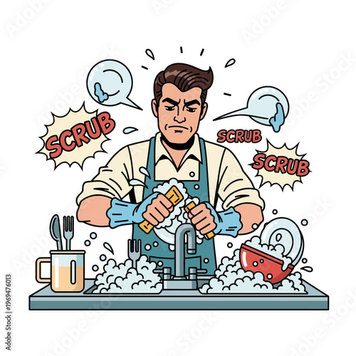 Man washing dishes with scrub bubbles and dirty dishes in sink, domestic chore illustration