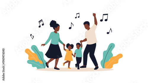 Happy family of four dancing together to music and having lots of fun in their living room on a sunny weekend morning.