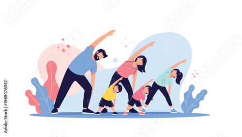 Healthy family including parents and two children doing yoga stretching exercises together in a bright and modern room.