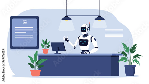 Friendly robot receptionist sitting behind a dark office desk and waving its hand to greet incoming visitors to the company.
