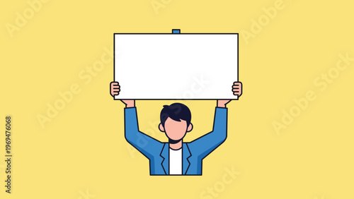 Young man in a blue jacket holding up a large blank white board for your custom text advertisement or important message.