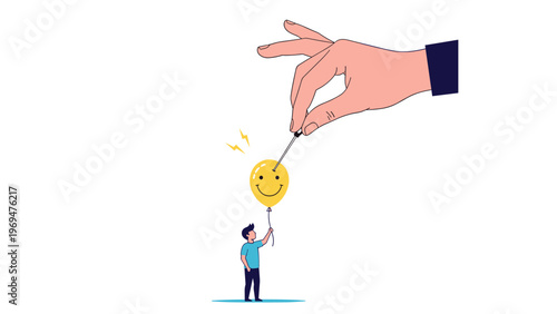 Conceptual illustration of a giant hand popping a yellow smiley face balloon held by a small person representing loss of joy.