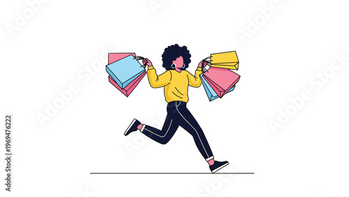 Excited woman carrying several colorful shopping bags and running joyfully during a seasonal sales event or shopping spree.