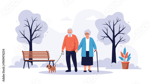 Happy senior couple walking their dog together on a leash in a peaceful public park during a beautiful autumn or spring day.