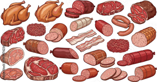 Various Cuts of Fresh Meat, Sausages, and Poultry for Culinary Creations