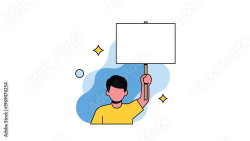 Man holding up a large blank white protest sign or placard against a simple blue background for custom text or advertising message.