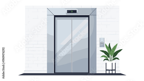 Modern elevator with closed stainless steel doors in a clean office or apartment building hallway next to a green potted plant.
