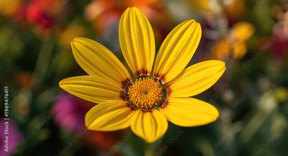 Obraz premium Yellow flower macro view showing detailed petals pistil and sepals in a colorful summer garden