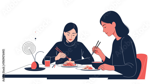 Two young women sitting at a dining table and enjoying a meal while using chopsticks to eat traditional asian cuisine together.