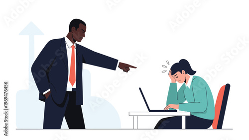 Stressed female office employee feeling upset while a male manager or boss points a finger and shouts at her during a work conflict.